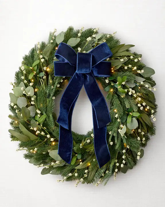 Grinalda de Natal 90 cm com LED, Laço Azul e Folhagens Verdes