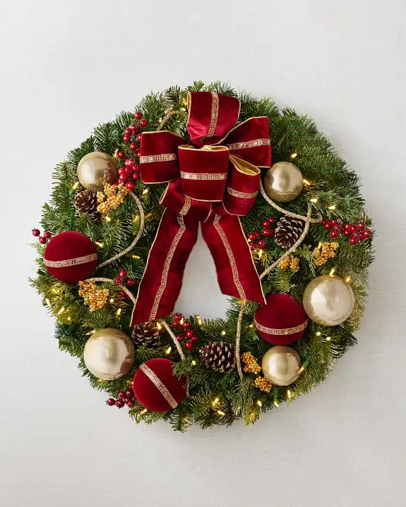 Grinalda de Natal 90 cm com LED, Laço Vermelho, Bolas Douradas e Frutas Vermelhas