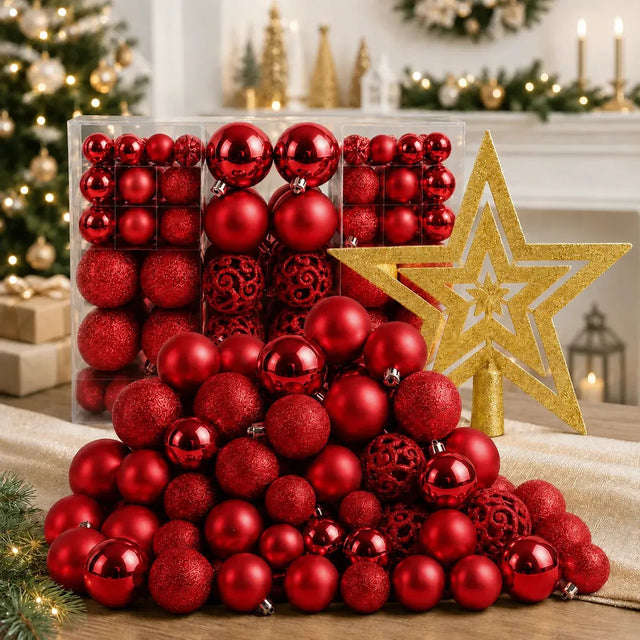 Kit 100 Bolas de Natal Vermelhas 3 cm, 4 cm e 6 cm + Ponteira Estrela + Maleta Organizadora