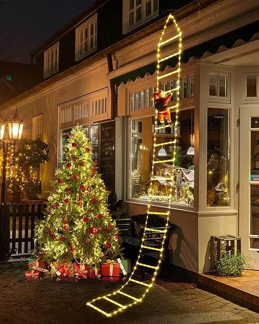 Escada Luz em LED Colorido Decoração de Natal com Pai Natal Pendurado 3M