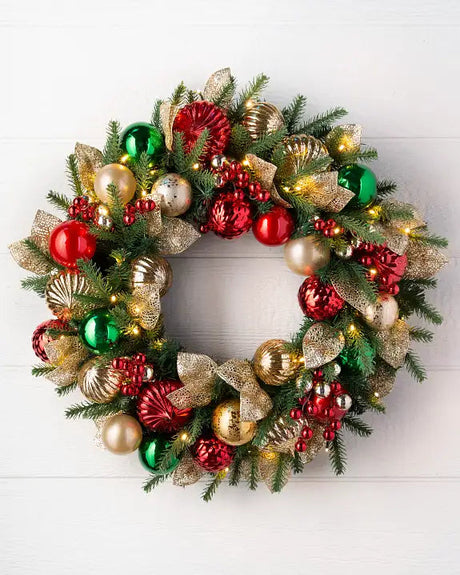 Grinalda de Natal 90 cm com LED, Bolas Decorativas e Folhas Douradas