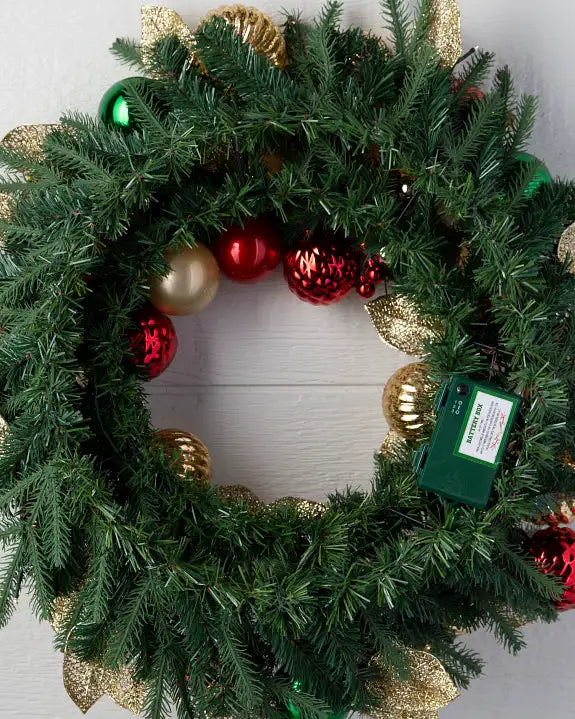 Grinalda de Natal 90 cm com LED, Bolas Decorativas e Folhas Douradas