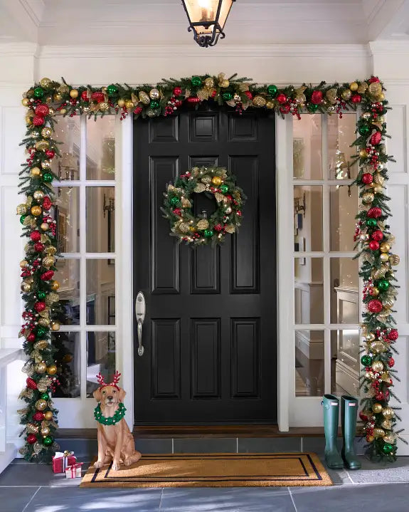 Grinalda de Natal 90 cm com LED, Bolas Decorativas e Folhas Douradas