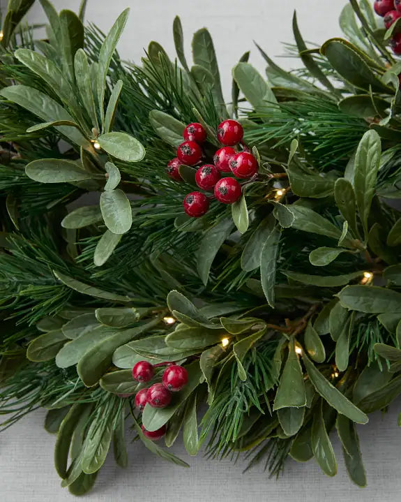 Grinalda de Natal 90 cm com LED, Folhagens Verdes e Frutas Vermelhas
