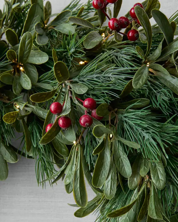 Grinalda de Natal 90 cm com LED, Folhagens Verdes e Frutas Vermelhas