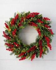 Grinalda de Natal 90 cm com LED, Folhagens Verdes e Frutas Vermelhas