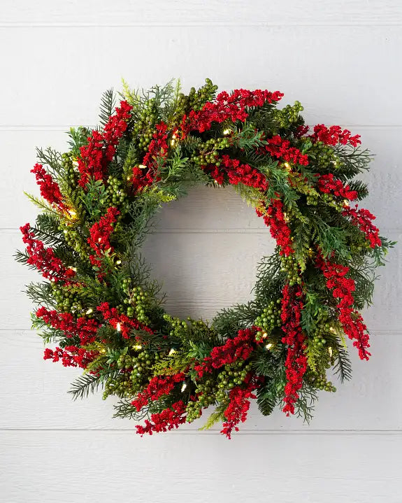 Grinalda de Natal 90 cm com LED, Folhagens Verdes e Frutas Vermelhas