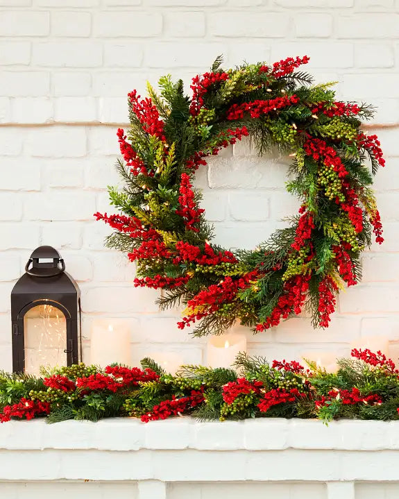 Grinalda de Natal 90 cm com LED, Folhagens Verdes e Frutas Vermelhas