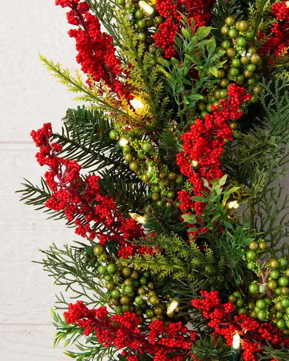 Grinalda de Natal 90 cm com LED, Folhagens Verdes e Frutas Vermelhas
