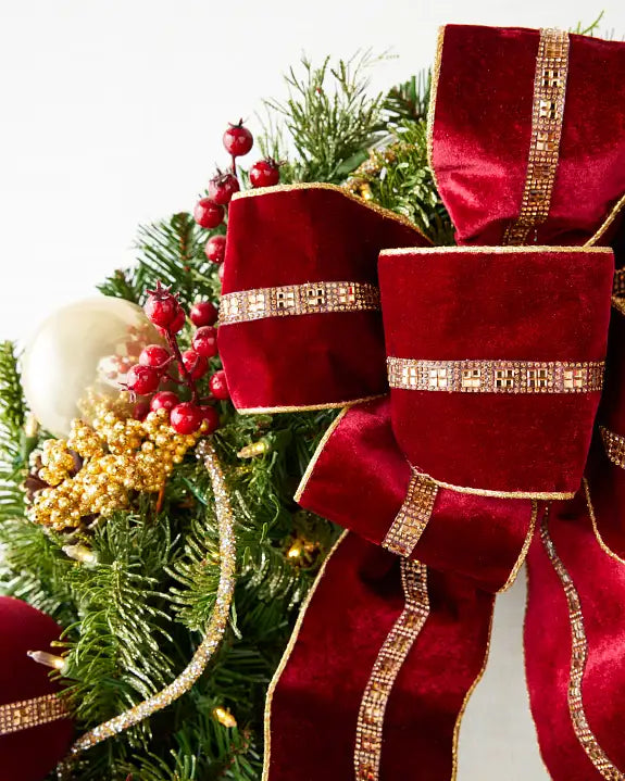 Grinalda de Natal 90 cm com LED, Laço Vermelho, Bolas Douradas e Frutas Vermelhas