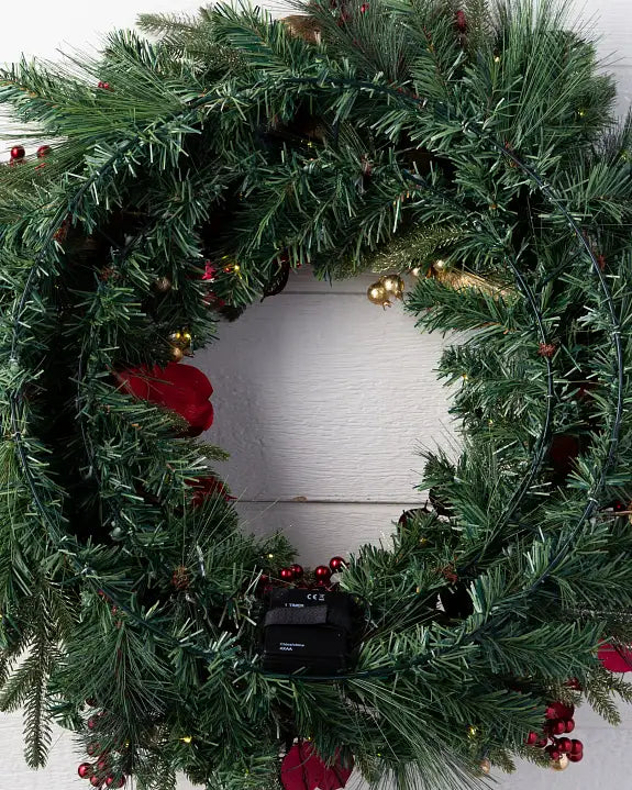 Grinalda de Natal 90 cm com LED, Magnólias Vermelhas e Folhagens Douradas