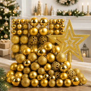 Kit 100 Bolas de Natal Douradas 3 cm, 4 cm e 6 cm + Ponteira Estrela + Maleta Organizadora
