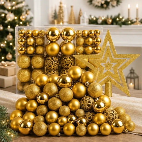 Kit 100 Bolas de Natal Douradas 3 cm, 4 cm e 6 cm + Ponteira Estrela + Maleta Organizadora