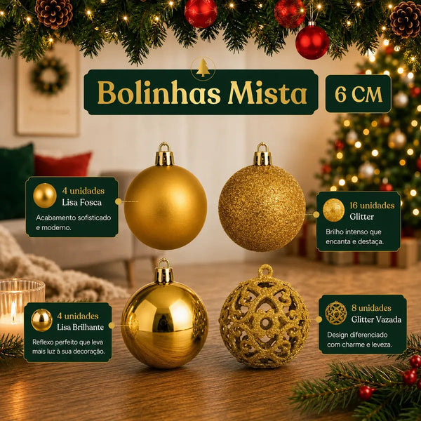 Kit 100 Bolas de Natal Douradas 3 cm, 4 cm e 6 cm + Ponteira Estrela + Maleta Organizadora
