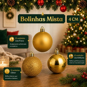 Kit 100 Bolas de Natal Douradas 3 cm, 4 cm e 6 cm + Ponteira Estrela + Maleta Organizadora