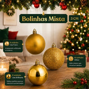 Kit 100 Bolas de Natal Douradas 3 cm, 4 cm e 6 cm + Ponteira Estrela + Maleta Organizadora