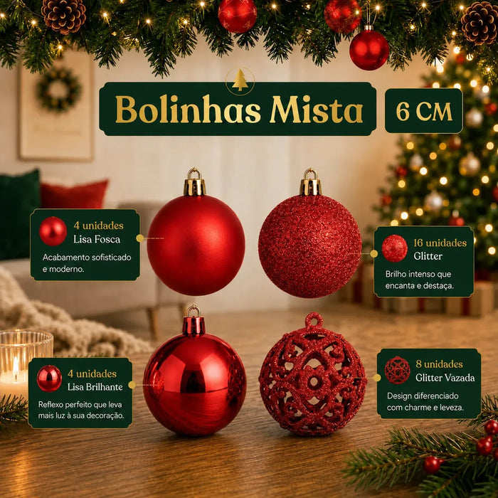 Kit 100 Bolas de Natal Vermelhas 3 cm, 4 cm e 6 cm + Ponteira Estrela + Maleta Organizadora