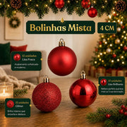 Kit 100 Bolas de Natal Vermelhas 3 cm, 4 cm e 6 cm + Ponteira Estrela + Maleta Organizadora