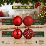 Kit 100 Bolas de Natal Vermelhas 3 cm, 4 cm e 6 cm + Ponteira Estrela + Maleta Organizadora
