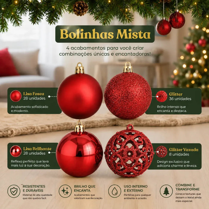 Kit 100 Bolas de Natal Vermelhas 3 cm, 4 cm e 6 cm + Ponteira Estrela + Maleta Organizadora