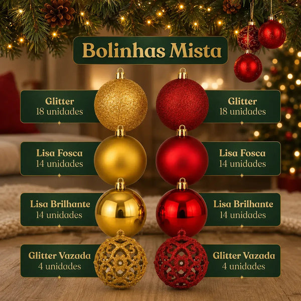 Kit 100 Bolas de Natal Vermelho e Dourado 3 cm, 4 cm e 6 cm + Ponteira Estrela Dourada