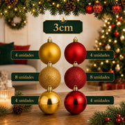 Kit 100 Bolas de Natal Vermelho e Dourado 3 cm, 4 cm e 6 cm + Ponteira Estrela Dourada