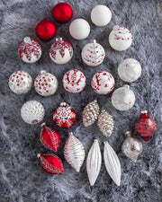 Kit 25 Enfeites para Árvore de Natal Vermelho, Branco e Prata – Coleção Inverno Clássico