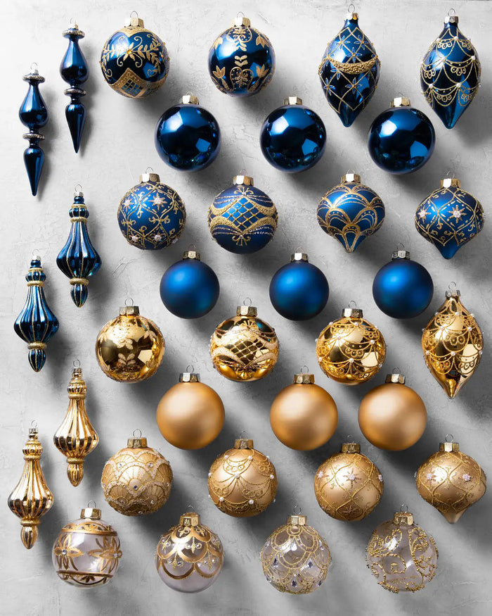 Kit 32 Enfeites para Árvore de Natal Azul e Dourado com Bolas e Pendentes Decorativos