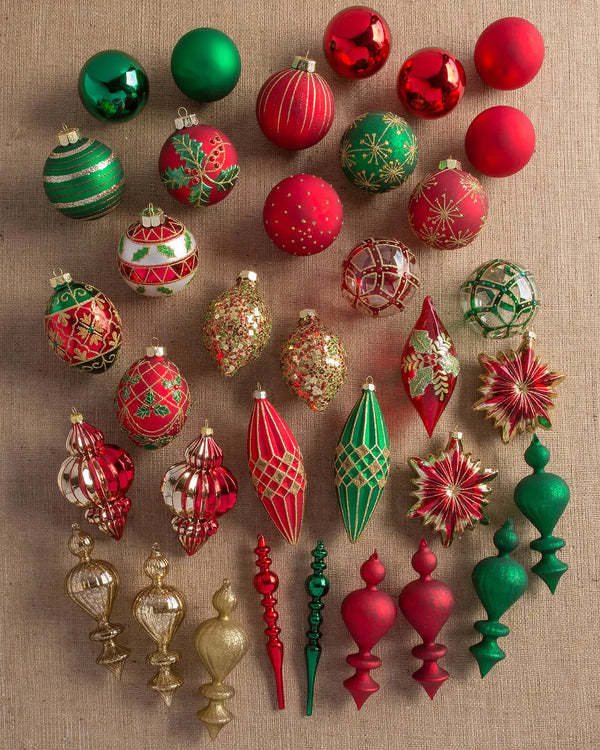 Kit 32 Enfeites para Árvore de Natal Vermelho, Verde e Dourado – Coleção Natal Tradicional