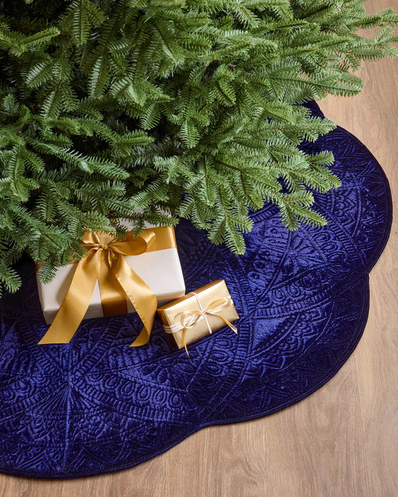 Saia para Árvore de Natal em Veludo Azul Meia-Noite com Relevo