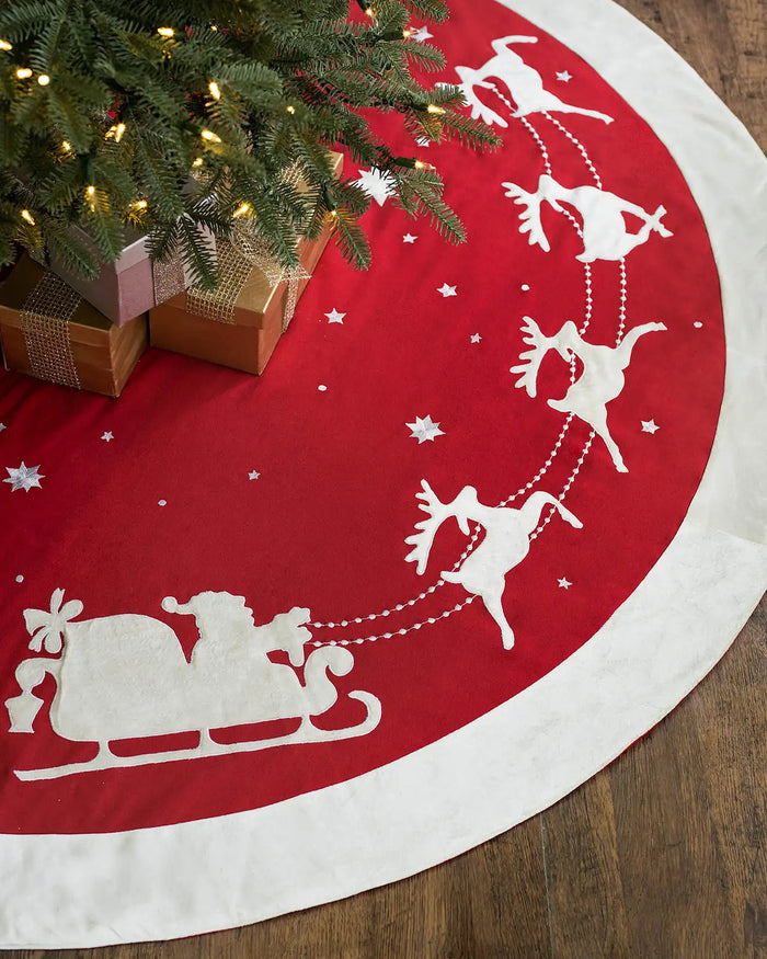 Saia para Árvore de Natal em Veludo Vermelho com Aplicação de Pai Natal